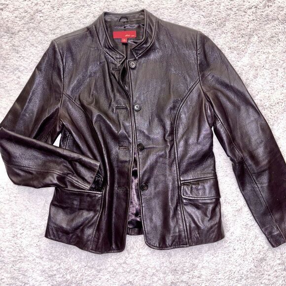 Max USA Brown Leather Fitted‎ Jacket Womens M Capsule Classic Casual Comfort - Picture 1 of 11